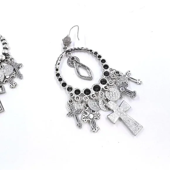 NWT – Charming Charlie – Cross & Disk Charms Silver Tone Dangle 4” Earrings - Picture 6 of 9